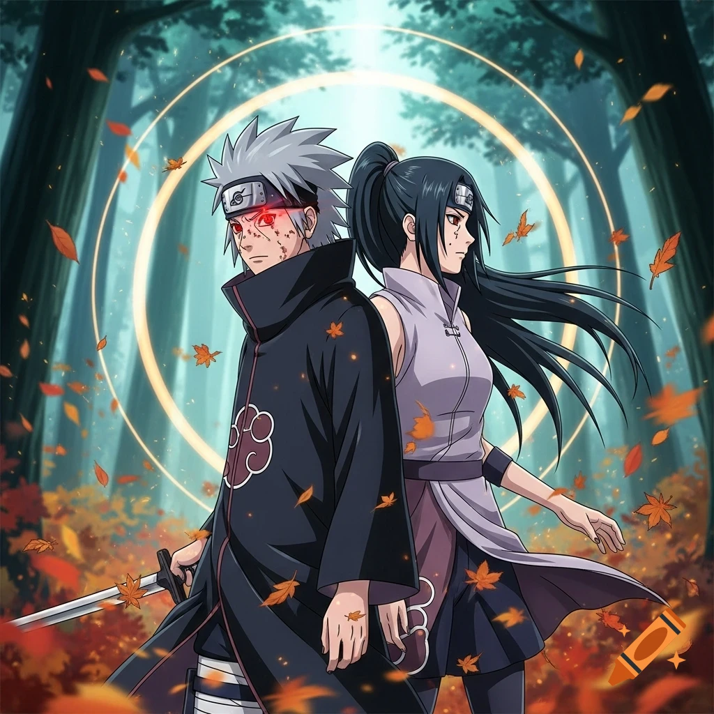Two anime ninja characters, a man with white hair and a woman with a ponytail, stand back-to-back in an autumn forest with glowing rings and falling leaves.