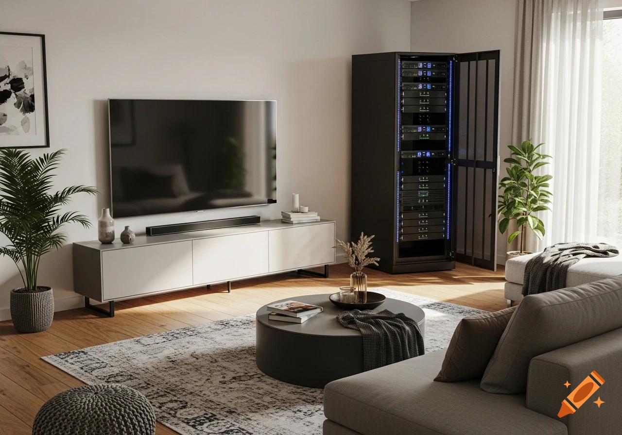 A modern living room with a large wall-mounted TV, a dark server rack with visible blue-lit equipment, a round coffee table, and a grey sofa.