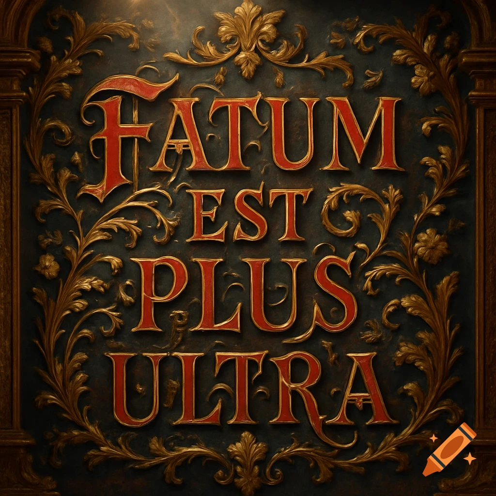 Ornate red and gold text reading 'FATUM EST PLUS ULTRA' in a baroque style, framed by golden floral patterns on a dark background.