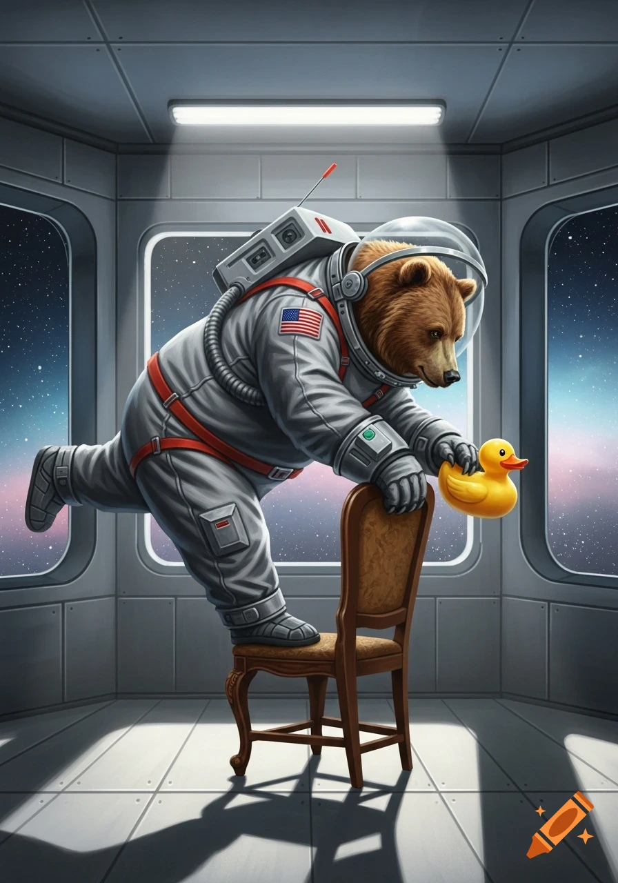 A bear in a spacesuit balances on a wooden chair inside a spaceship, holding a yellow rubber duck.