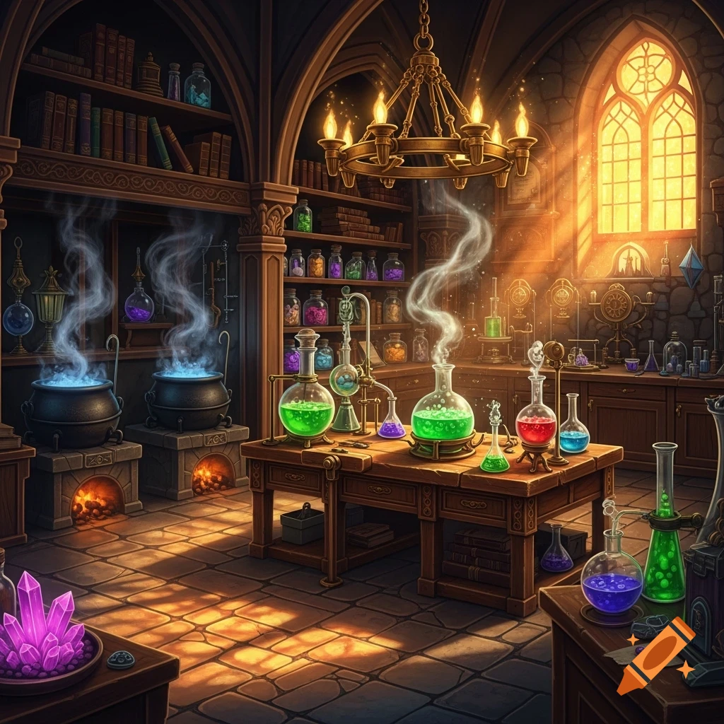 An atmospheric alchemy lab with bubbling cauldrons, colorful potions, a chandelier, and sunlight streaming through a gothic window.