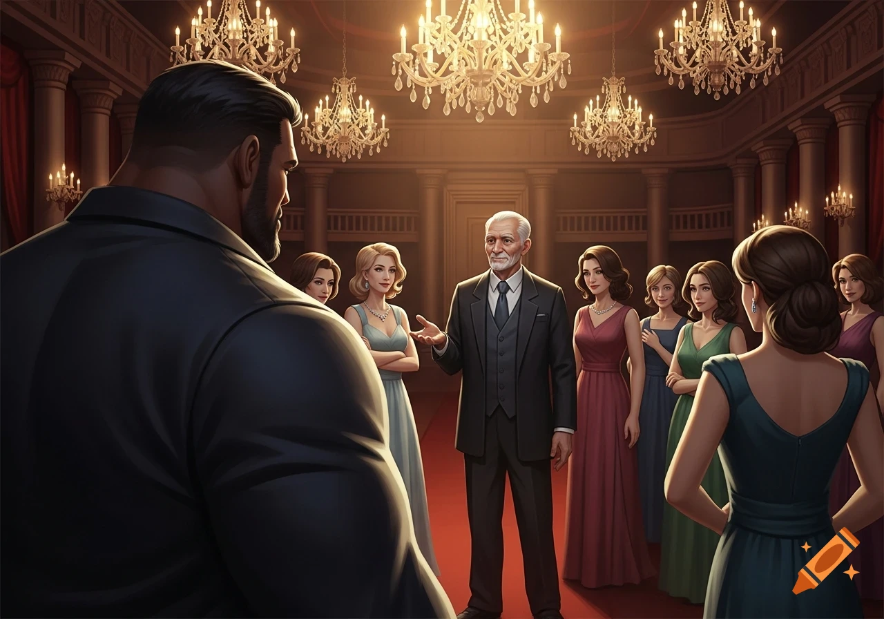 A large, bearded man views an older man in a suit speaking to women in an elegant ballroom with chandeliers. Stylized illustration.