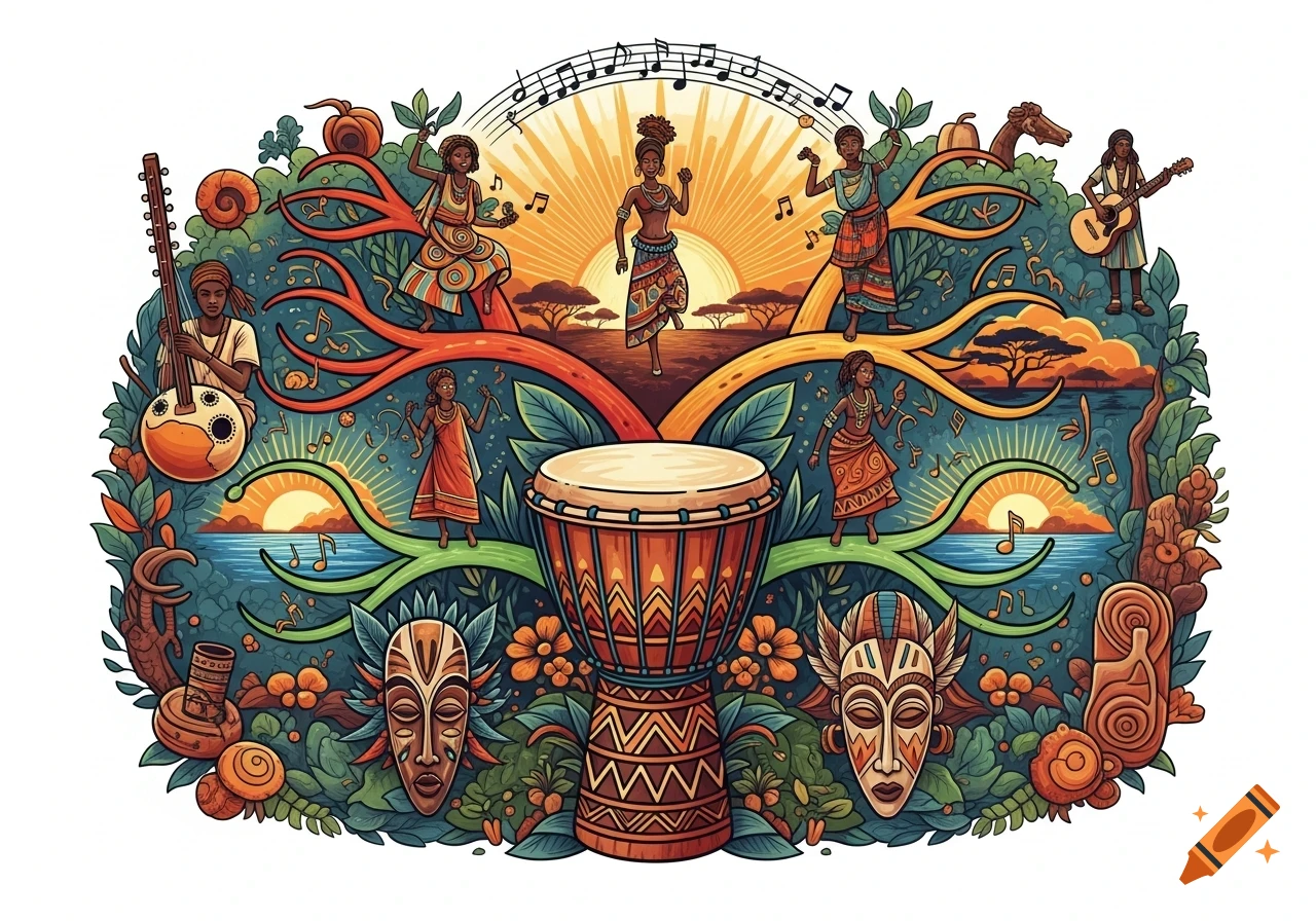 Vibrant folk art illustration of African music and culture, featuring dancers, musicians, a large djembe drum, tribal masks, and savannah scenes.
