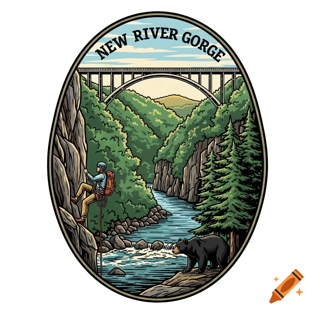 Stylized oval emblem with 'NEW RIVER GORGE' text, showing a person rappelling, a river, forest, a black bear, and the New River Gorge Bridge.