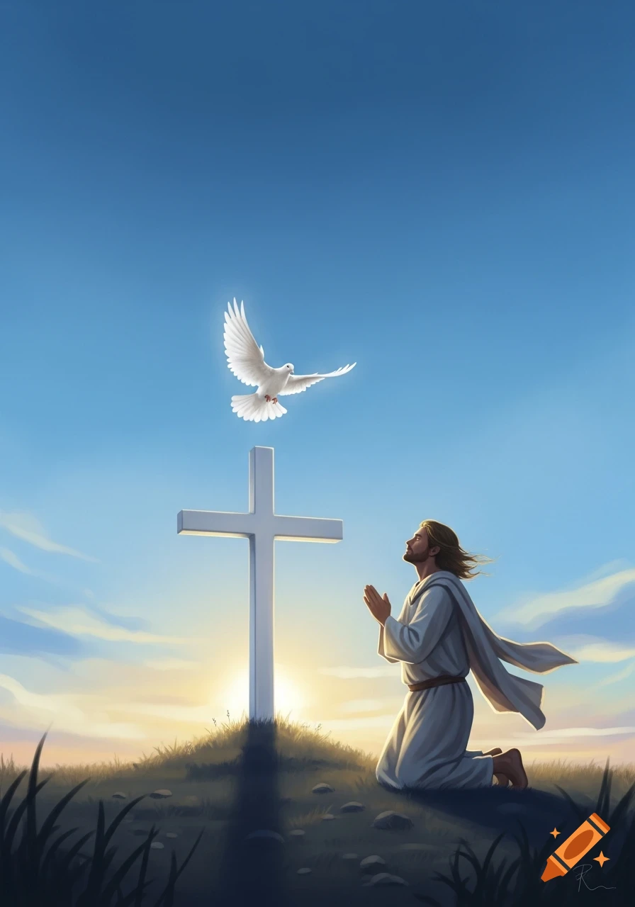 A man resembling Jesus kneels in prayer before a white cross on a hill at sunrise, with a white dove flying above in a blue sky.