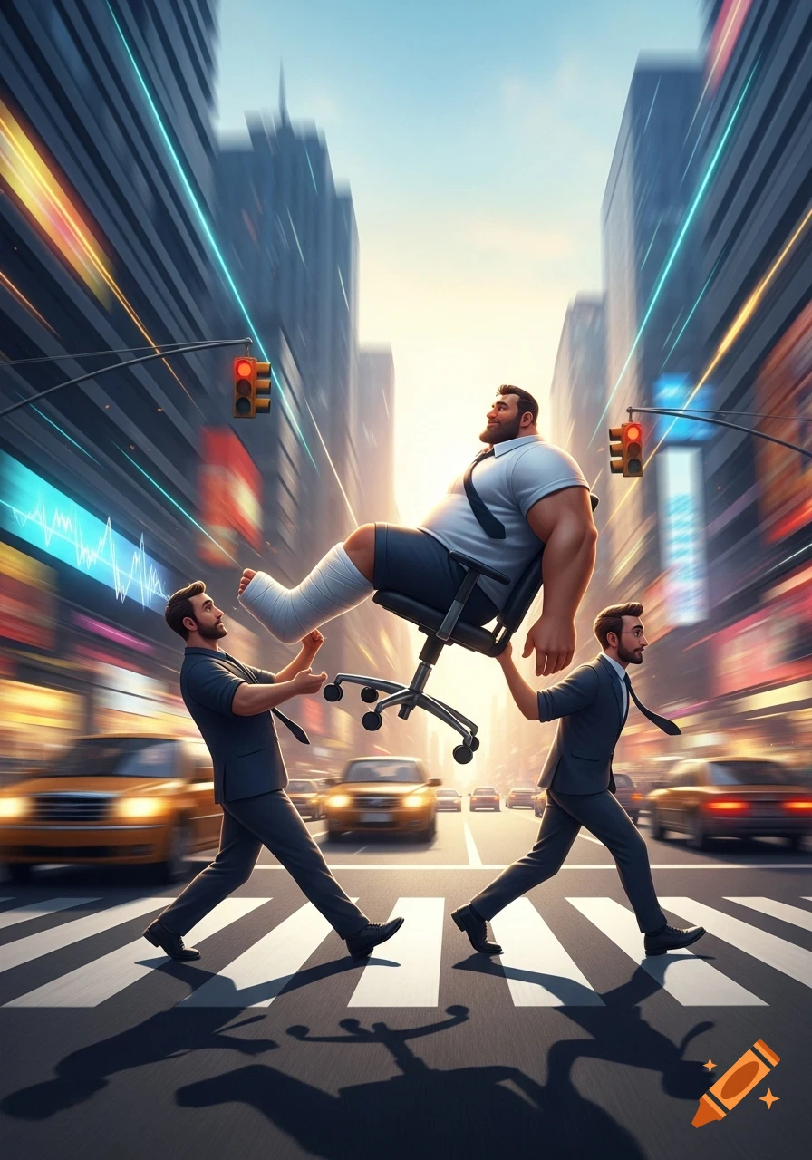 Two men in suits push a large man with a leg cast in an office chair across a busy city street with dynamic light trails and skyscrapers.