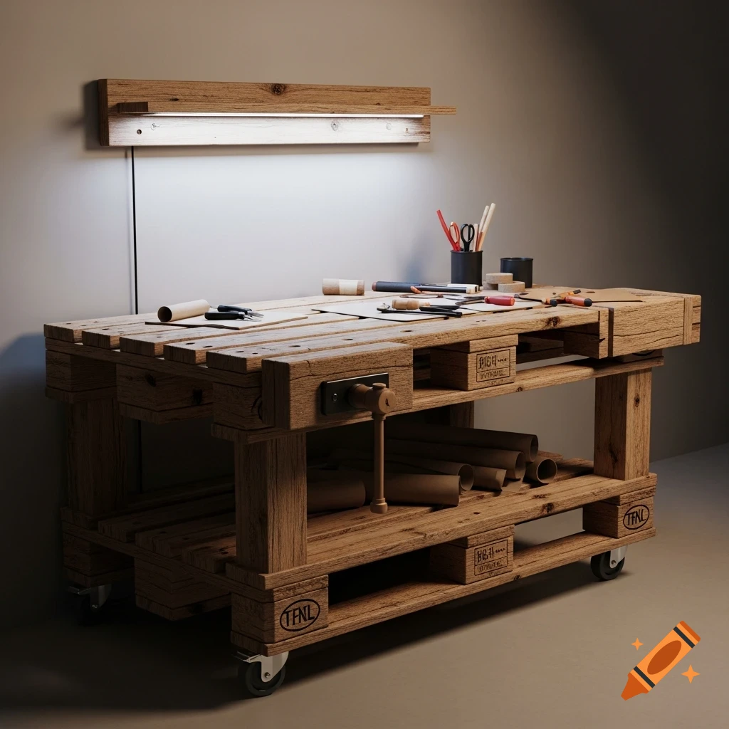 A rustic workbench made of wooden pallets with a vise, tools, and paper rolls, illuminated by an overhead LED strip light.
