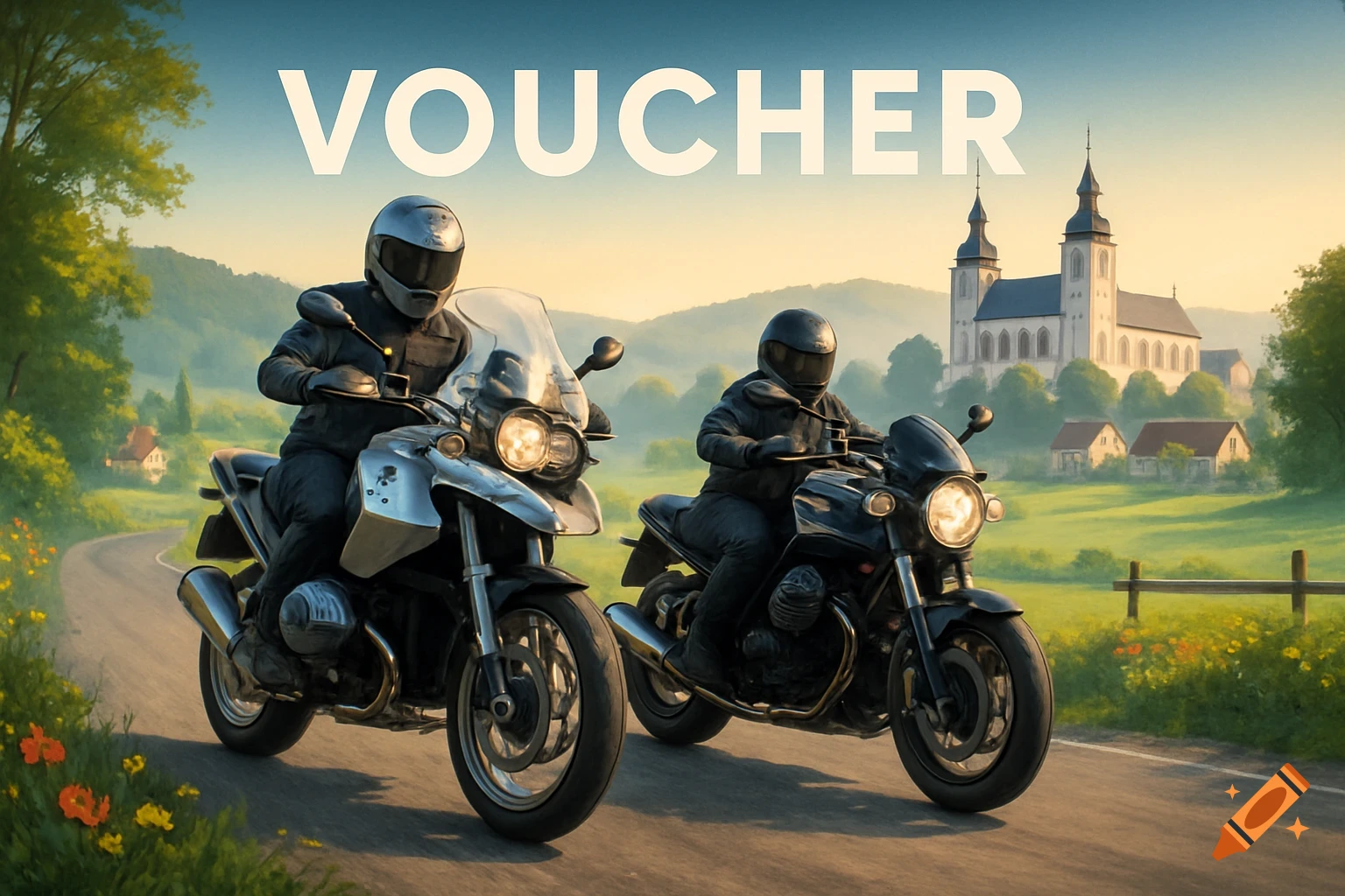 Two motorcyclists in helmets ride on a scenic road with a large 'VOUCHER' text overhead, a church and houses in the background.