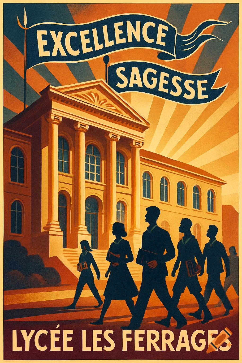 A vintage propaganda poster of a grand school building with students, featuring text 'EXCELLENCE SAGESSE' and 'LYCÉE LES FERRAGES'.