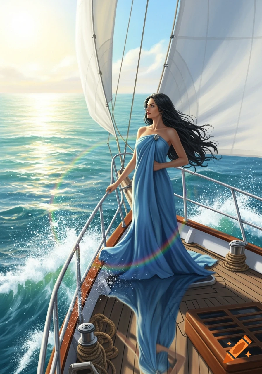 An illustrative painting of a woman in a blue gown standing on a sailboat, looking out at the ocean with a rainbow and sunrise.