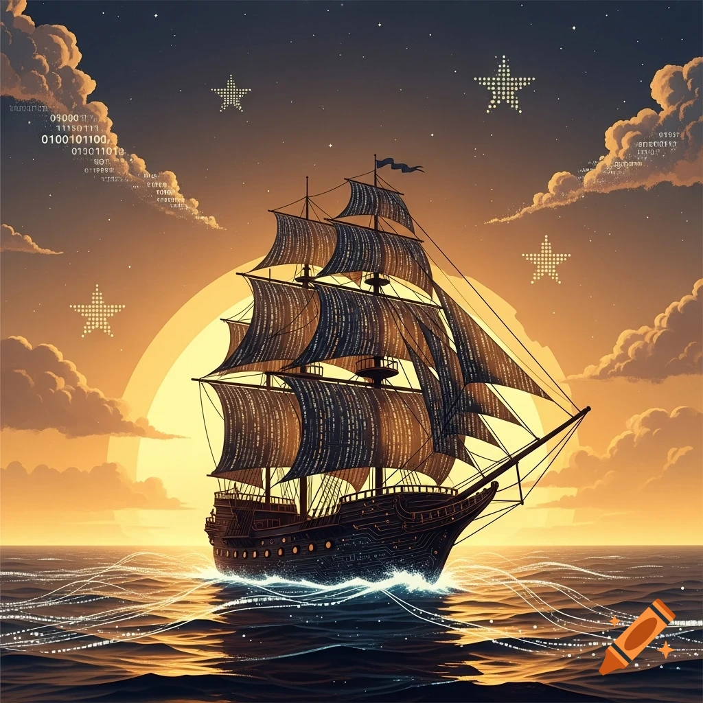 A stylized sailing ship with binary code patterns on its sails and hull, on a wavy ocean under a sunset sky with pixelated stars and binary clouds.