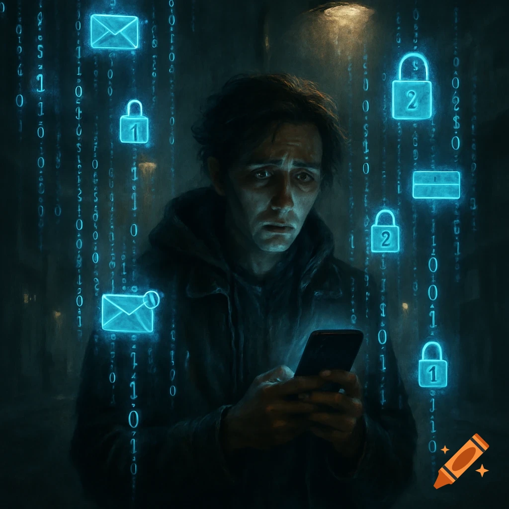 A worried man looks at his phone, surrounded by glowing blue binary code and data symbols representing digital privacy concerns.