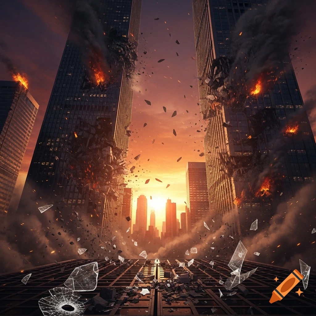 Two tall city buildings crumble and burn with debris flying, set against a dramatic orange and purple sunset sky.