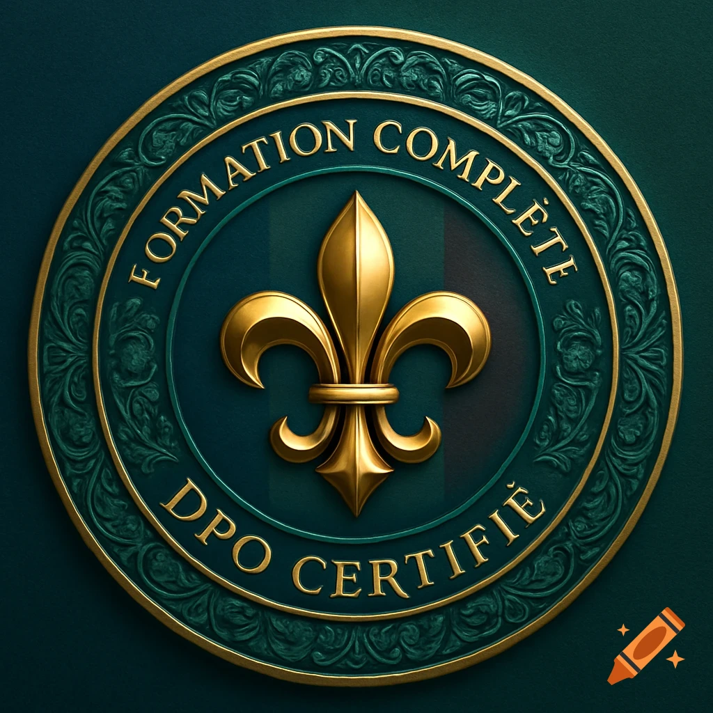 A circular gold and teal emblem with a central gold fleur-de-lis and text 'FORMATION COMPLÈTE DPO CERTIFIÉ' in French.