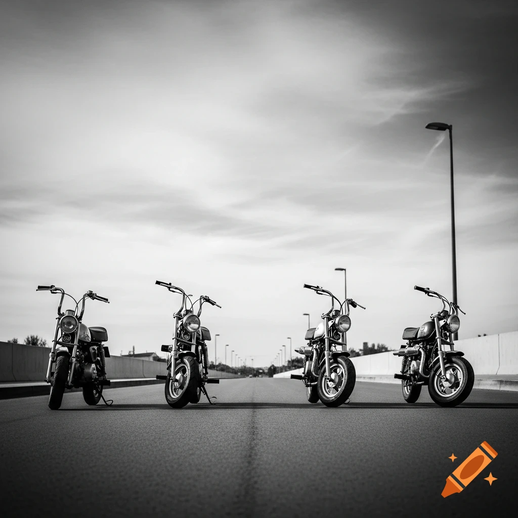 Four mini bikes parked on a wide road, facing forward under a cloudy sky, in a black and white photograph.