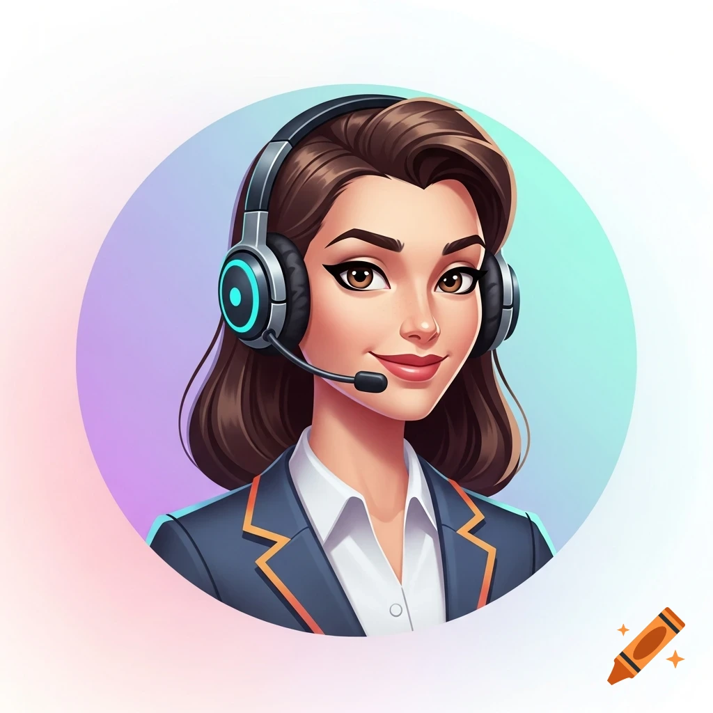 Digital art avatar of a friendly, professional cartoon woman wearing a headset.