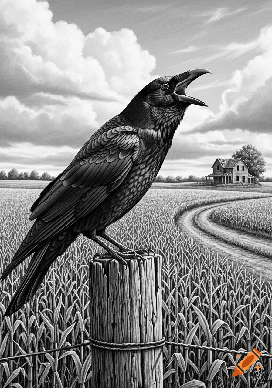 A black and white drawing of a crow screaming on a fence post in a cornfield, with a dirt road leading to a dilapidated farmhouse.