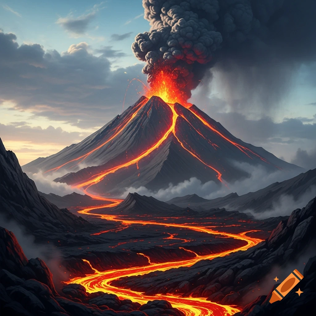 A volcano erupts with smoke and fiery lava flowing down its slopes and winding through a dark, rocky landscape under a cloudy sky.