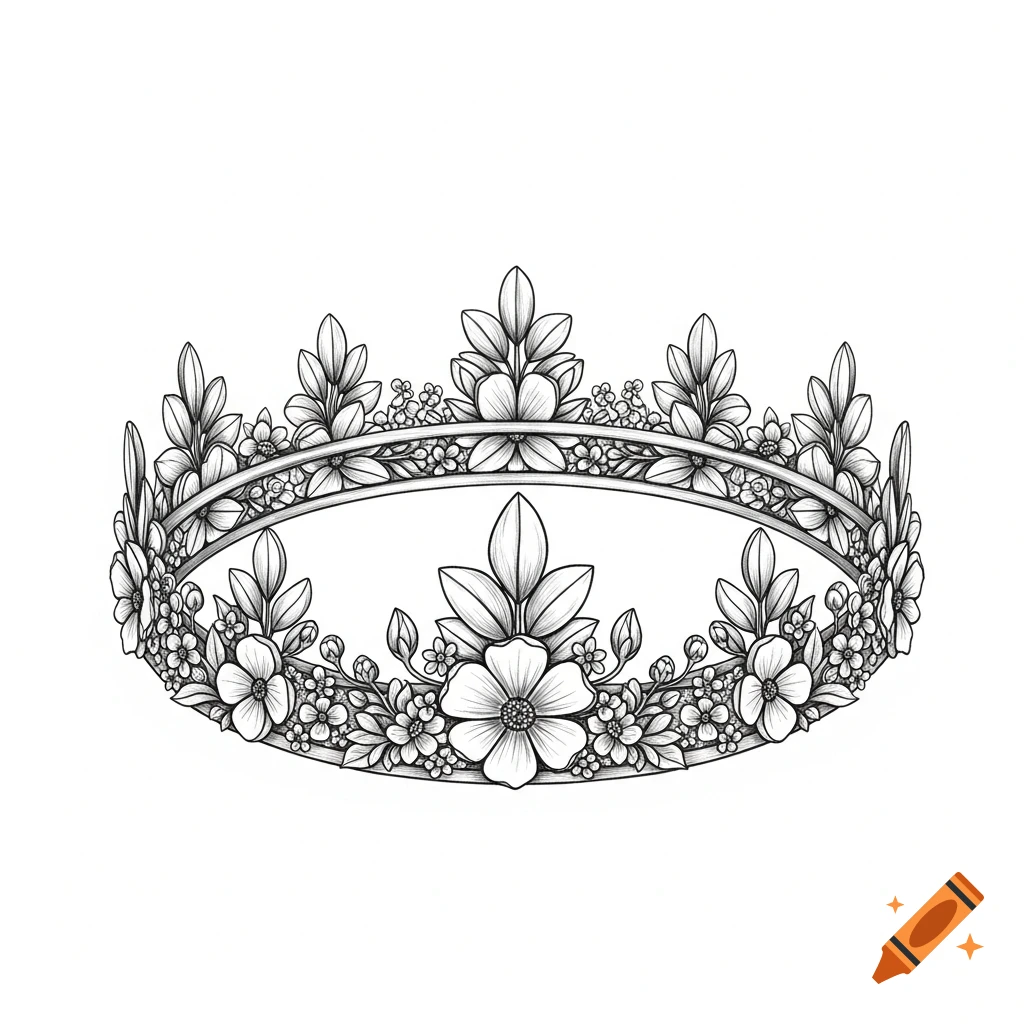 Black and white line art illustration of a crown adorned with large and small flowers.
