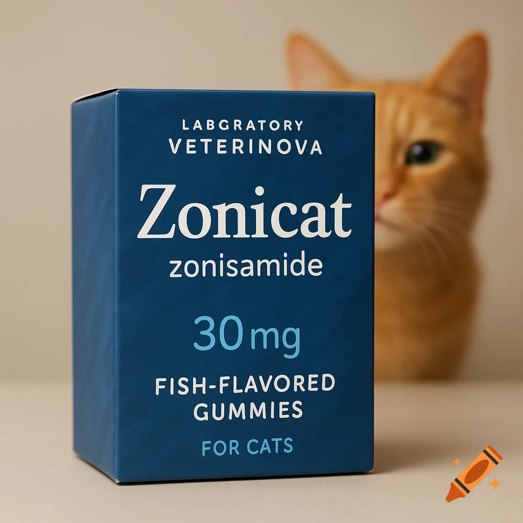 A blue box of Zonicat fish-flavored gummies for cats, with an orange cat partially visible in the blurred background.