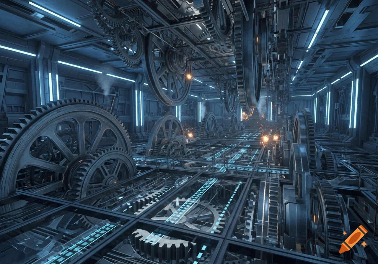 Vast industrial room with huge metal gears, pipes, and blue glowing lights, resembling a futuristic video game environment.
