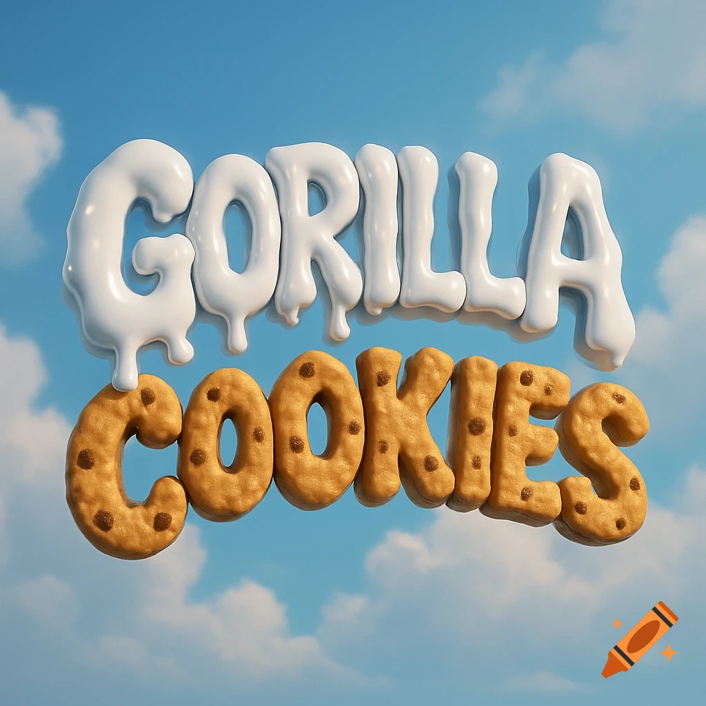 3D text spelling "GORILLA COOKIES" with white dripping letters for "GORILLA" and chocolate chip cookie letters for "COOKIES" against a cloudy blue sky.