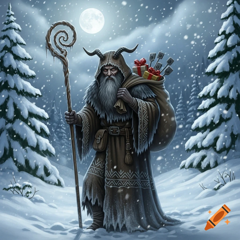 A horned, bearded Knecht Ruprecht in a robe and fur trim carries a staff and a sack of gifts in a snowy forest at night under a full moon.