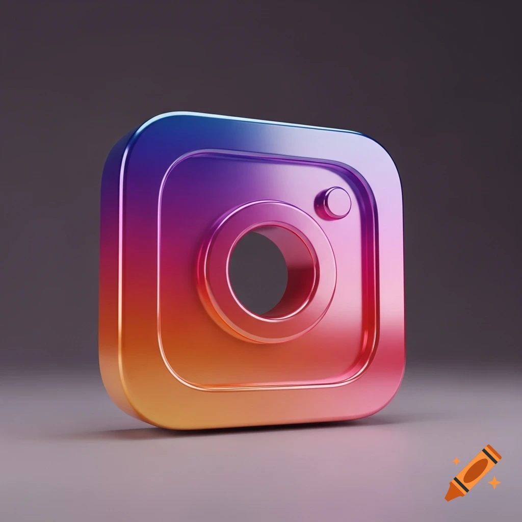Glossy, metallic 3D Instagram logo with a vibrant purple, pink, and orange gradient, rendered with soft lighting.