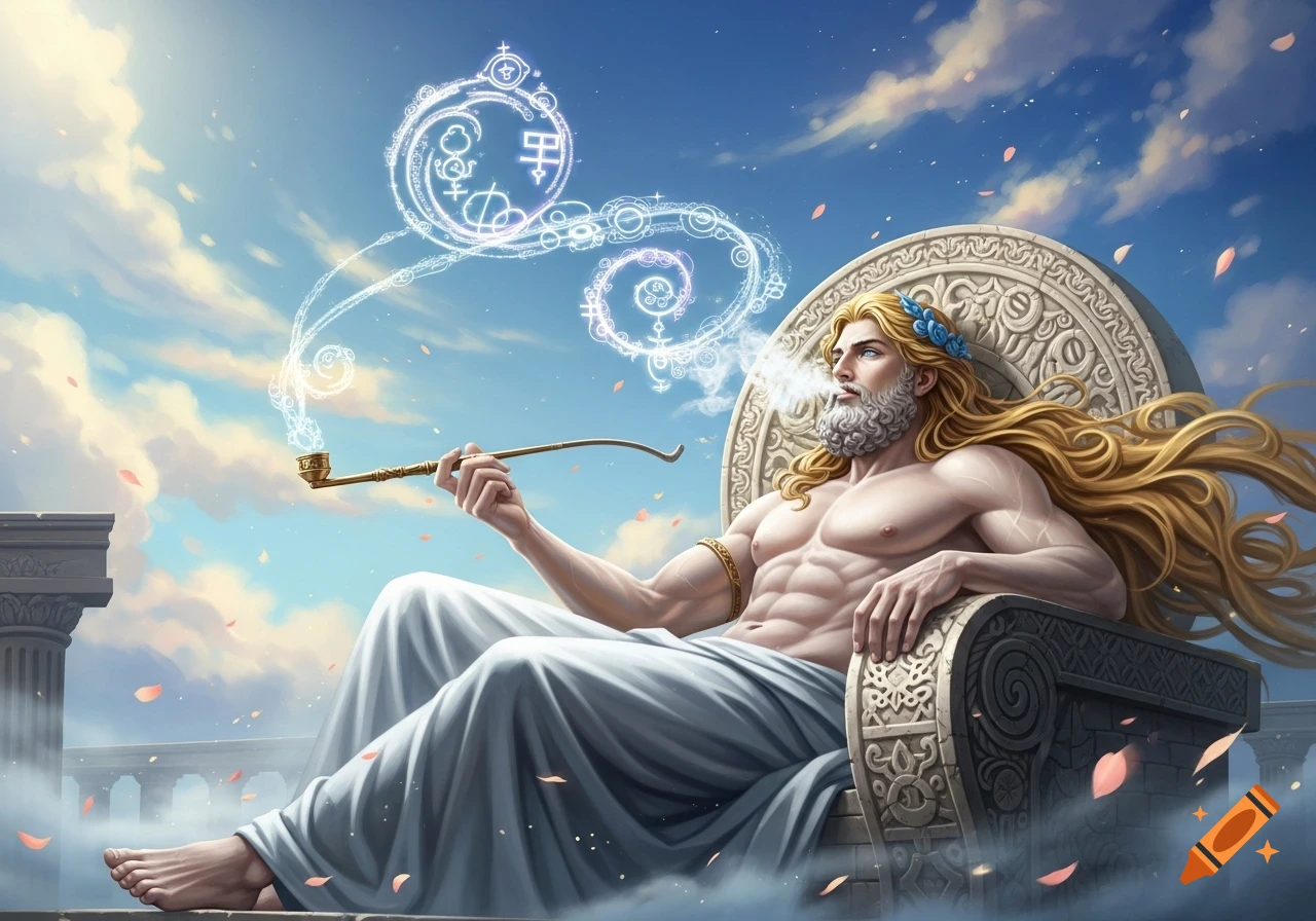 A muscular, bearded Greek god with long blonde hair and a laurel wreath sits on a stone throne, smoking a pipe that emits glowing mystical symbols, under a cloudy sky.