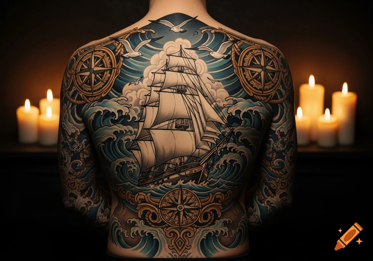 A person's bare back fully covered with a detailed Victorian nautical tattoo featuring a ship, waves, compasses, and gulls, lit by candles.