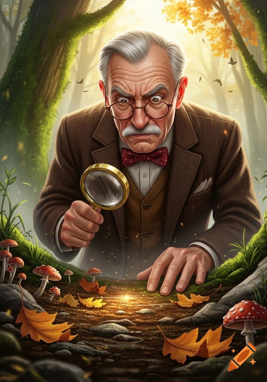 An illustrated old man with a magnifying glass scrutinizes a glowing spot on an autumn forest floor with mushrooms and leaves.