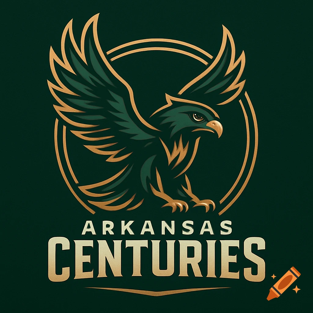 A stylized graphic logo featuring a dark green and gold eagle with spread wings, above the words 'ARKANSAS CENTURIES'.