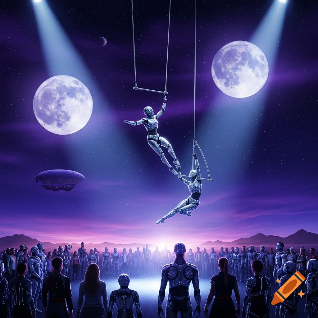 Two silver androids perform on a trapeze under spotlights on a violet-sky planet with two moons, observed by a crowd of humans and robots.