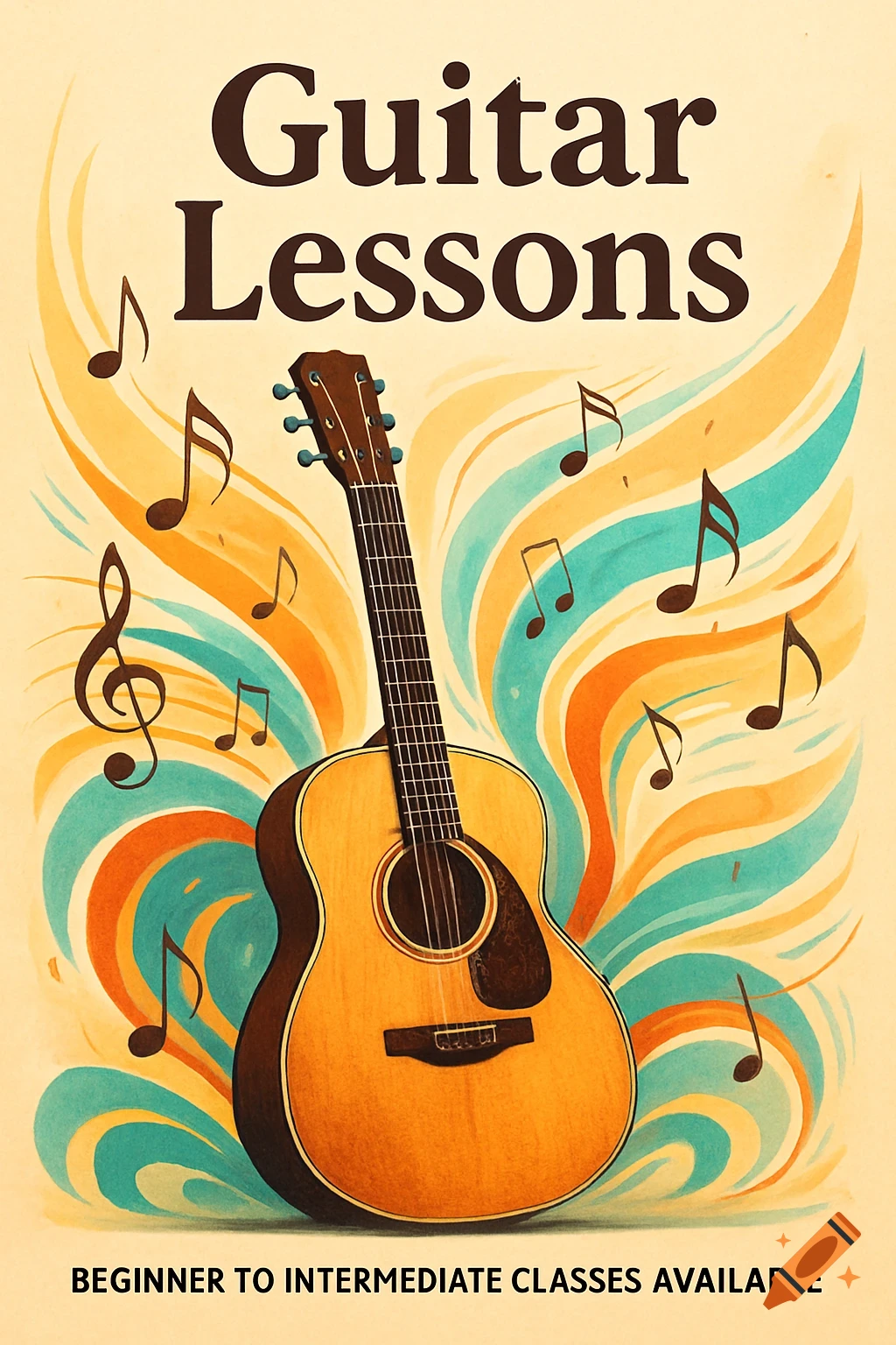 A vintage-style poster for guitar lessons, featuring an acoustic guitar and musical notes on a swirly orange and teal background.
