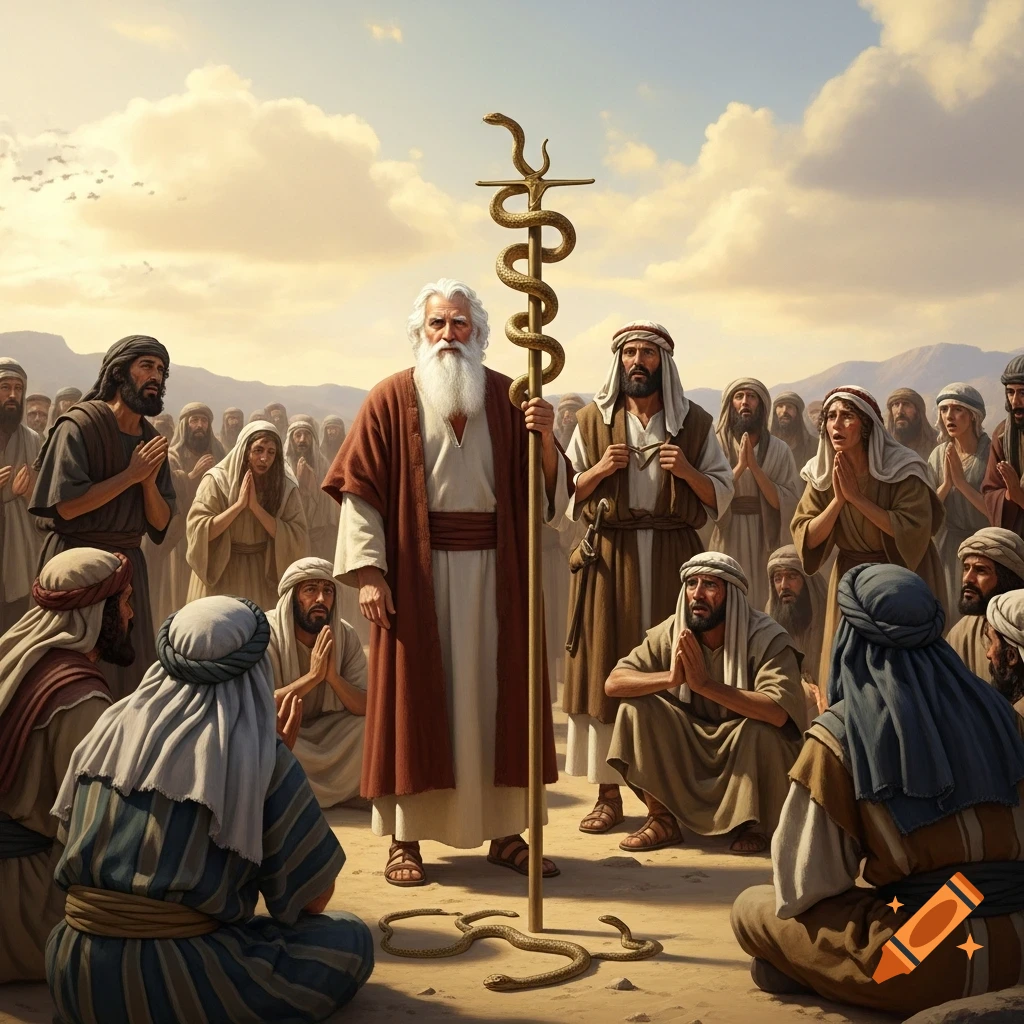 An old, white-bearded Moses holds a brass snake on a cross-like staff in a desert, surrounded by Israelites praying.