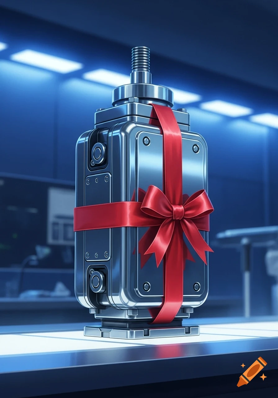 A shiny metallic actuator wrapped with a red ribbon and bow, sitting on a reflective surface in a blue-lit, modern setting.