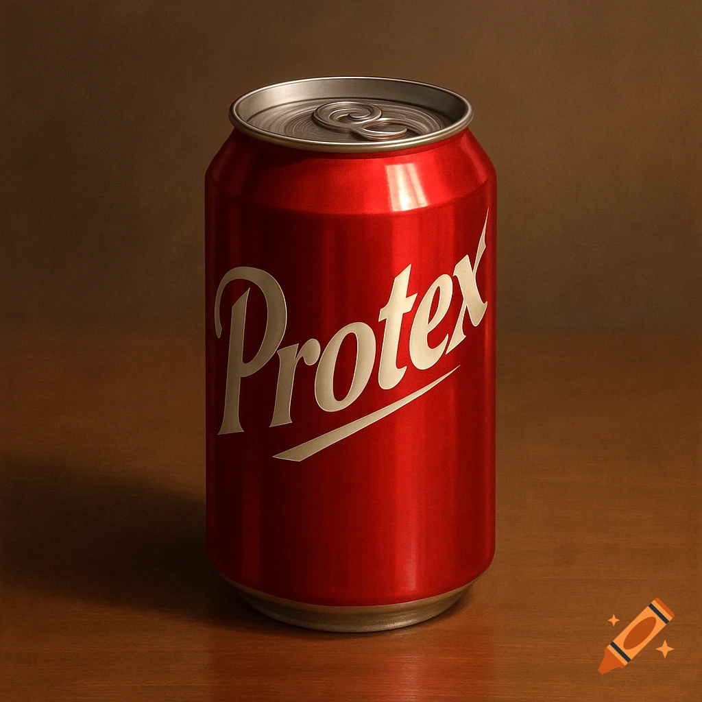 Photorealistic red Protex soda can on a wooden table with a brown background.