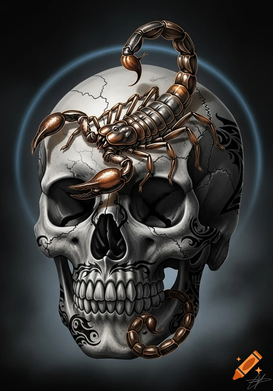 A stylized skull with tribal patterns and a brown scorpion perched on its head, set against a dark background with a faint blue halo.
