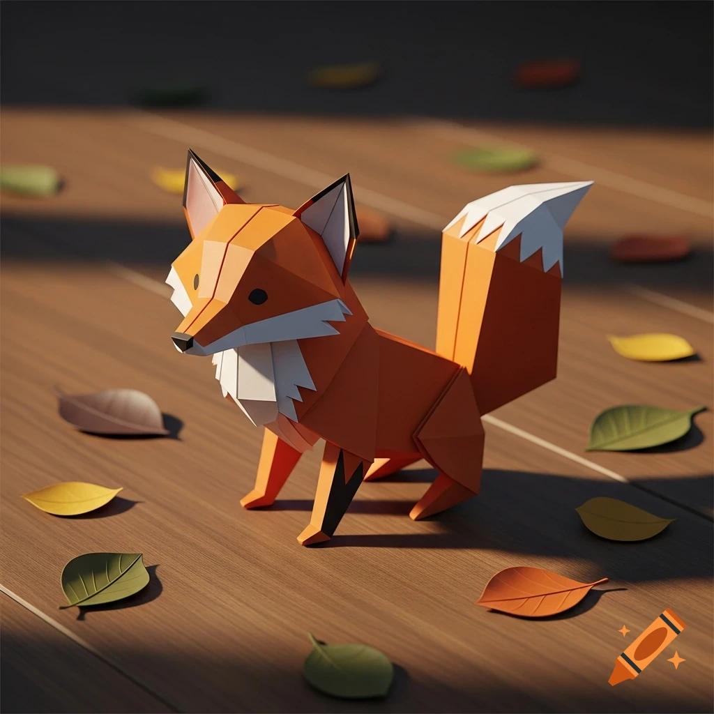 An orange and white origami fox stands on a wooden floor, surrounded by colorful paper leaves, with warm lighting.