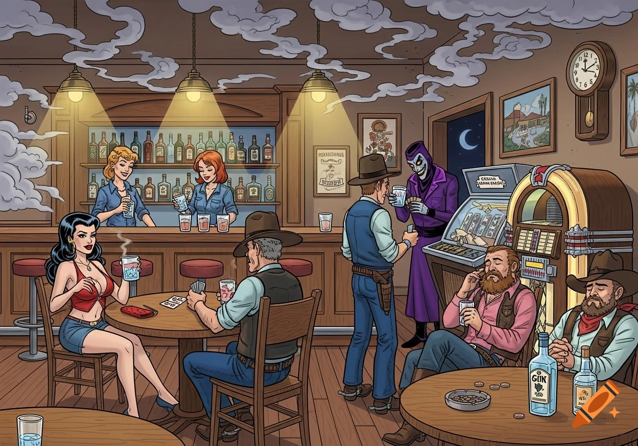 A colorful comic-style illustration of a bustling old-time bar with patrons drinking, playing cards, and interacting with a jukebox, surrounded by smoke.
