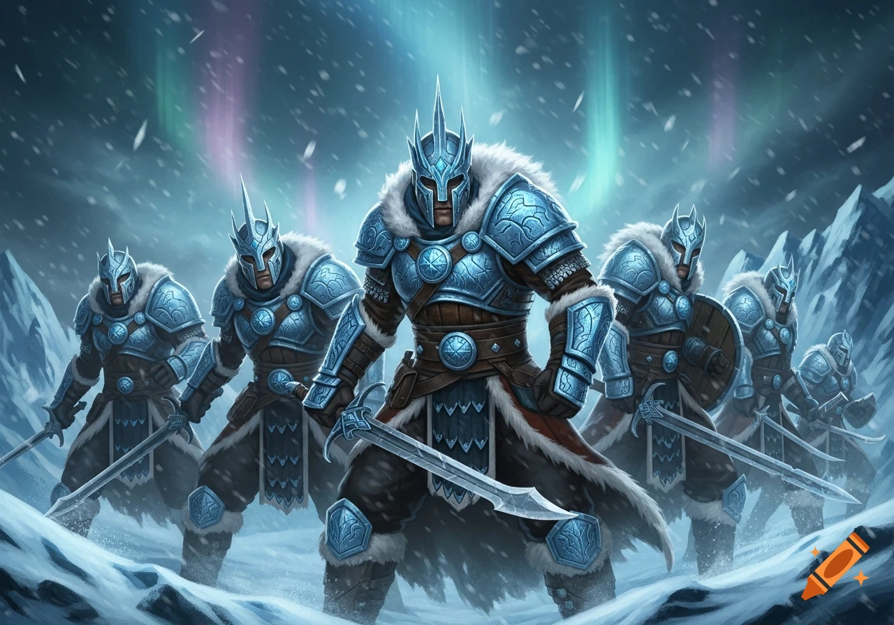 Heavily armored warriors stand with swords in a snowy mountain range beneath a vibrant aurora borealis.