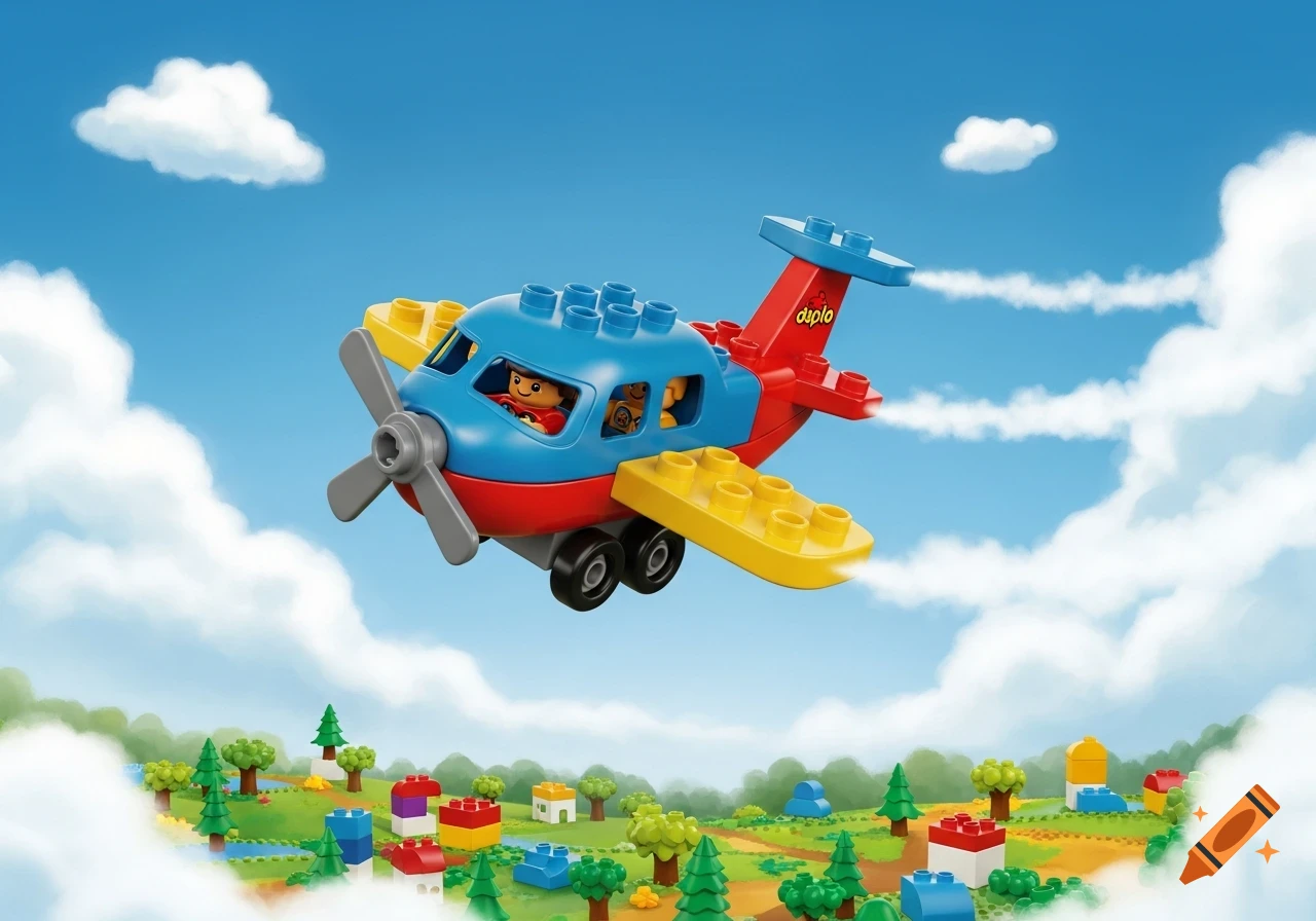 A colorful Lego Duplo airplane with a pilot and passenger flies over a block-built landscape under a blue sky with clouds.