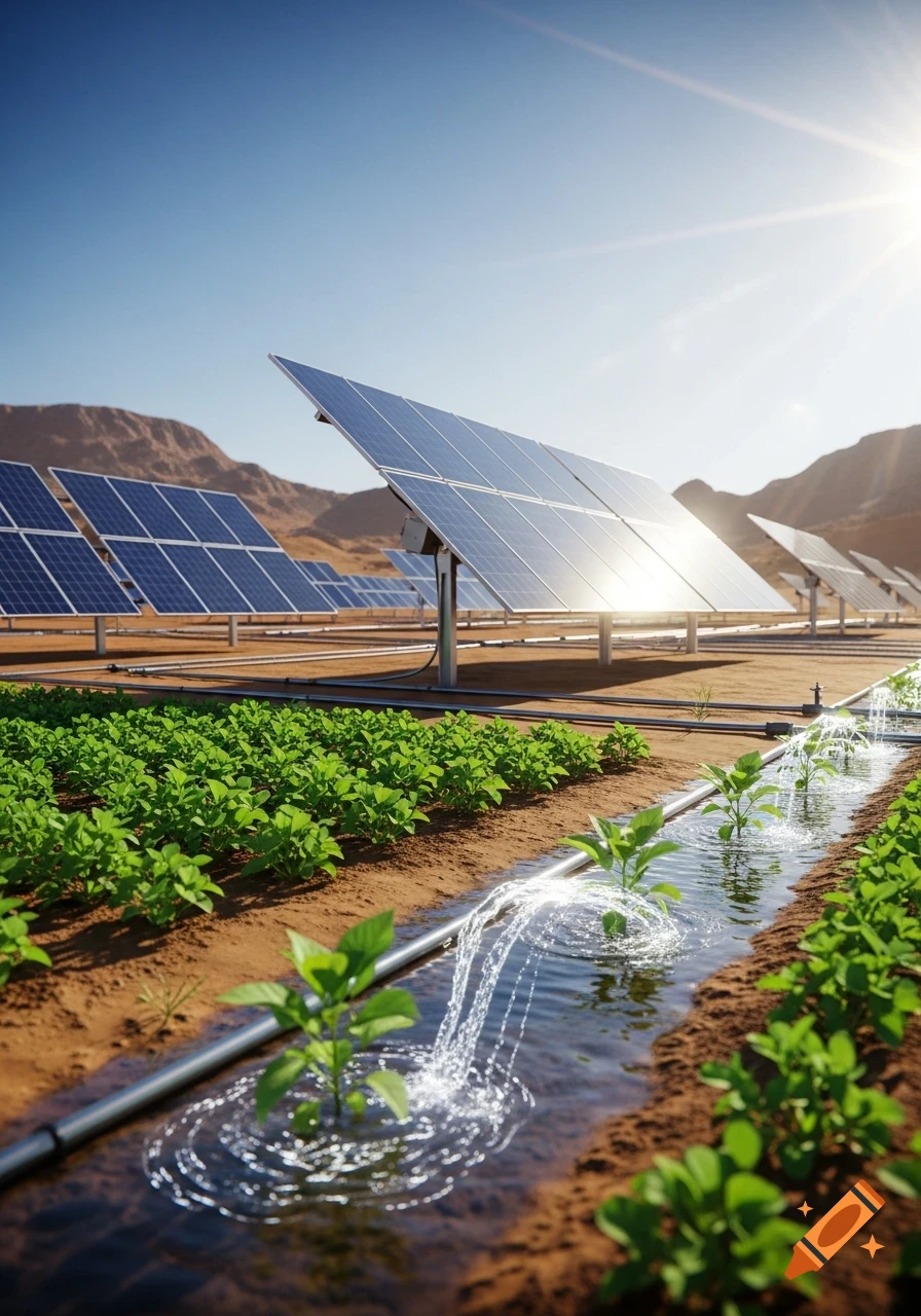 Photorealistic image of solar panels powering irrigation for rows of green crops in a dry, sunny desert landscape.
