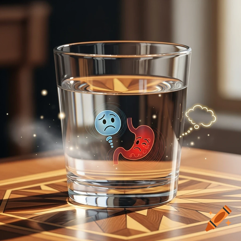 A glass of water containing a sad cartoon stomach and a blue sad emoji, sitting on a patterned wooden table.