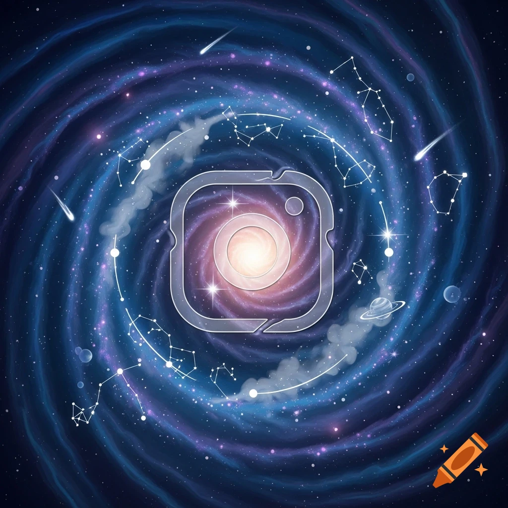 Stylized Instagram logo within a swirling purple and blue galaxy, surrounded by stars, constellations, and shooting stars.