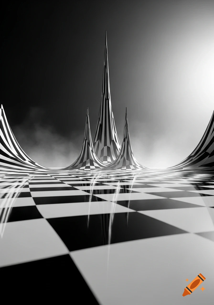 Black and white surreal landscape with a reflective checkerboard ground curving into striped peaks and waves, with misty atmosphere.