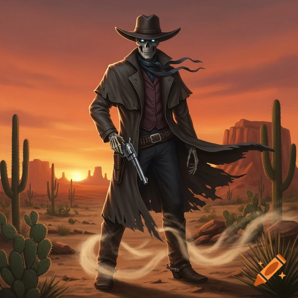 An illustrated skeleton cowboy wearing a duster coat and hat, holding a revolver in a desert at sunset.