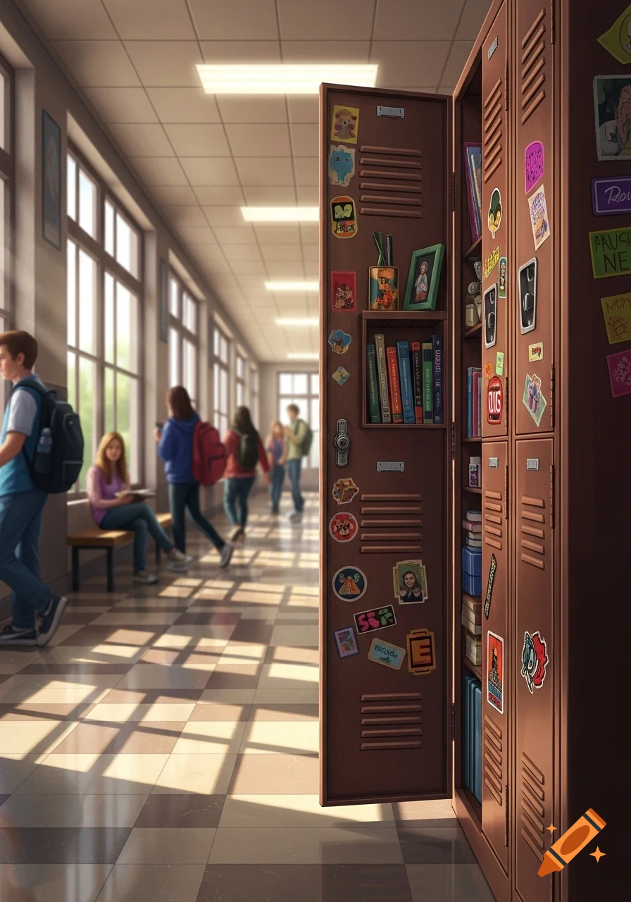 Illustrated school hallway with an open locker displaying books and stickers, while students walk in sunlit background.