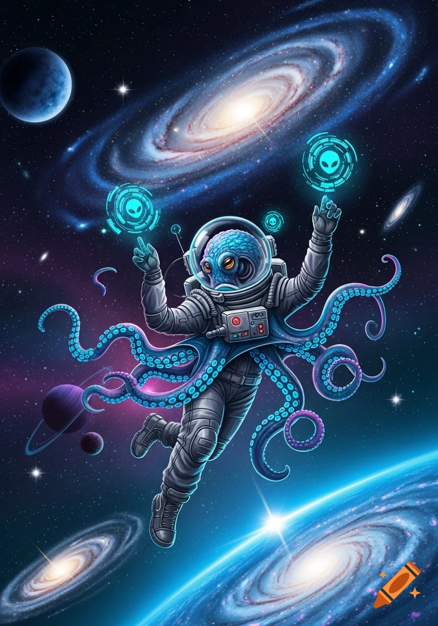 A vibrant illustration of a blue octopus-like alien in a space suit, floating in space among galaxies and planets, interacting with holographic alien technology.