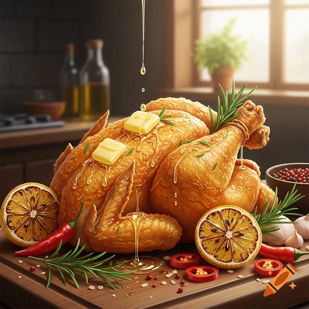 A photorealistic crispy roasted chicken with butter, oil drizzle, lemons, rosemary, and chilies on a cutting board in a kitchen.